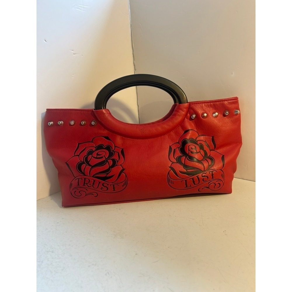 Lux De Ville Red Trust Lust Tattoo Rose Studded Handbag Rockabilly Tote Bag